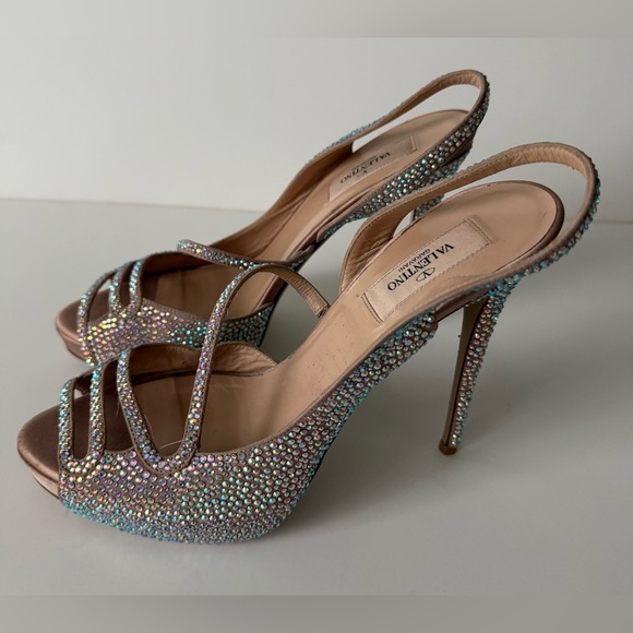 Valentino Beige Crystal Embellished Leather Platform Slingback Sandals Size 40 - Picture 5 of 13